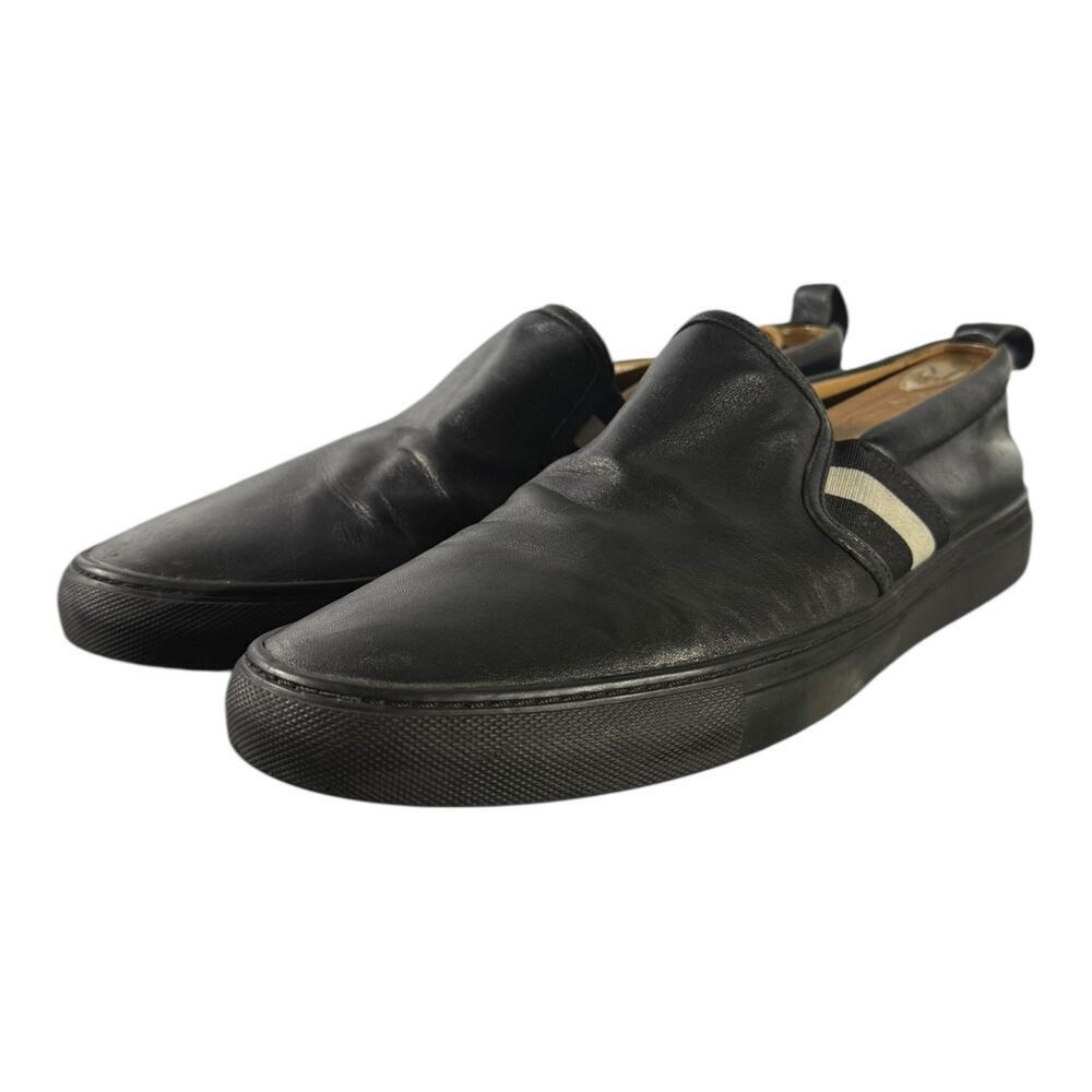 Bally Herald Men’s 200 Black Leather Slip On White Stripe Dress Sneakers 10 D